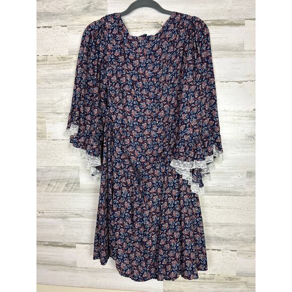 ModCloth women's XLBoho Blue Red Paisley Bluebells Fit & Flare mini Dress bell - Picture 3 of 7